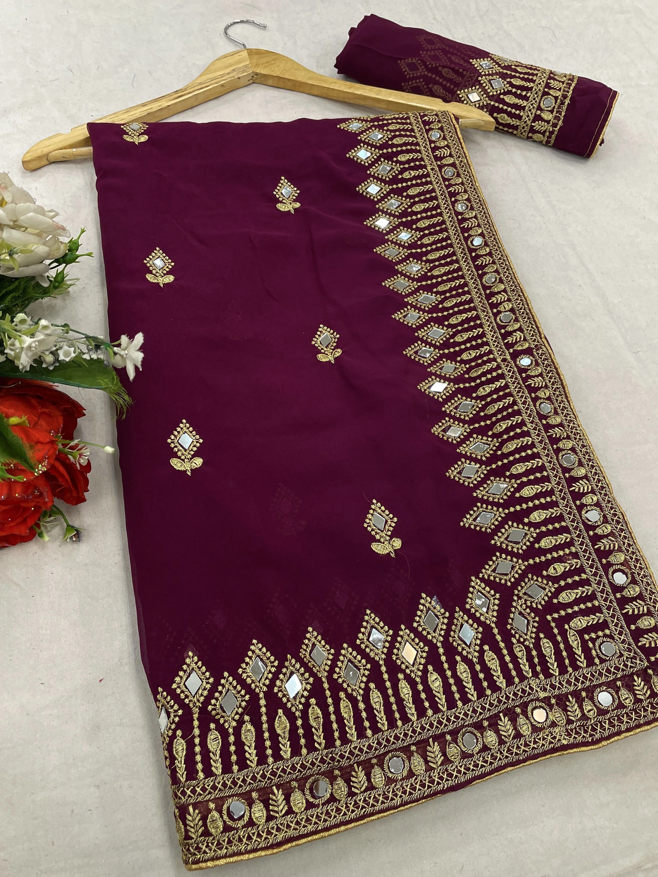 Deep Wine Zari Embroidered Silk Saree